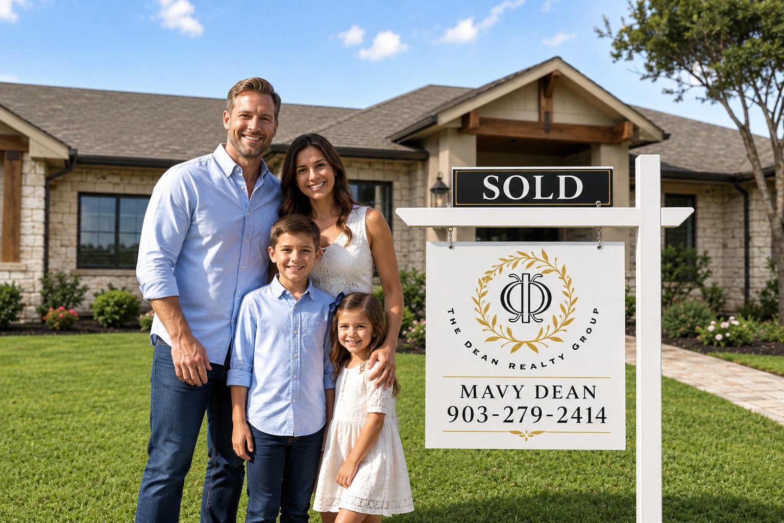 Happy family celebrating in front of their new home with a sold sign